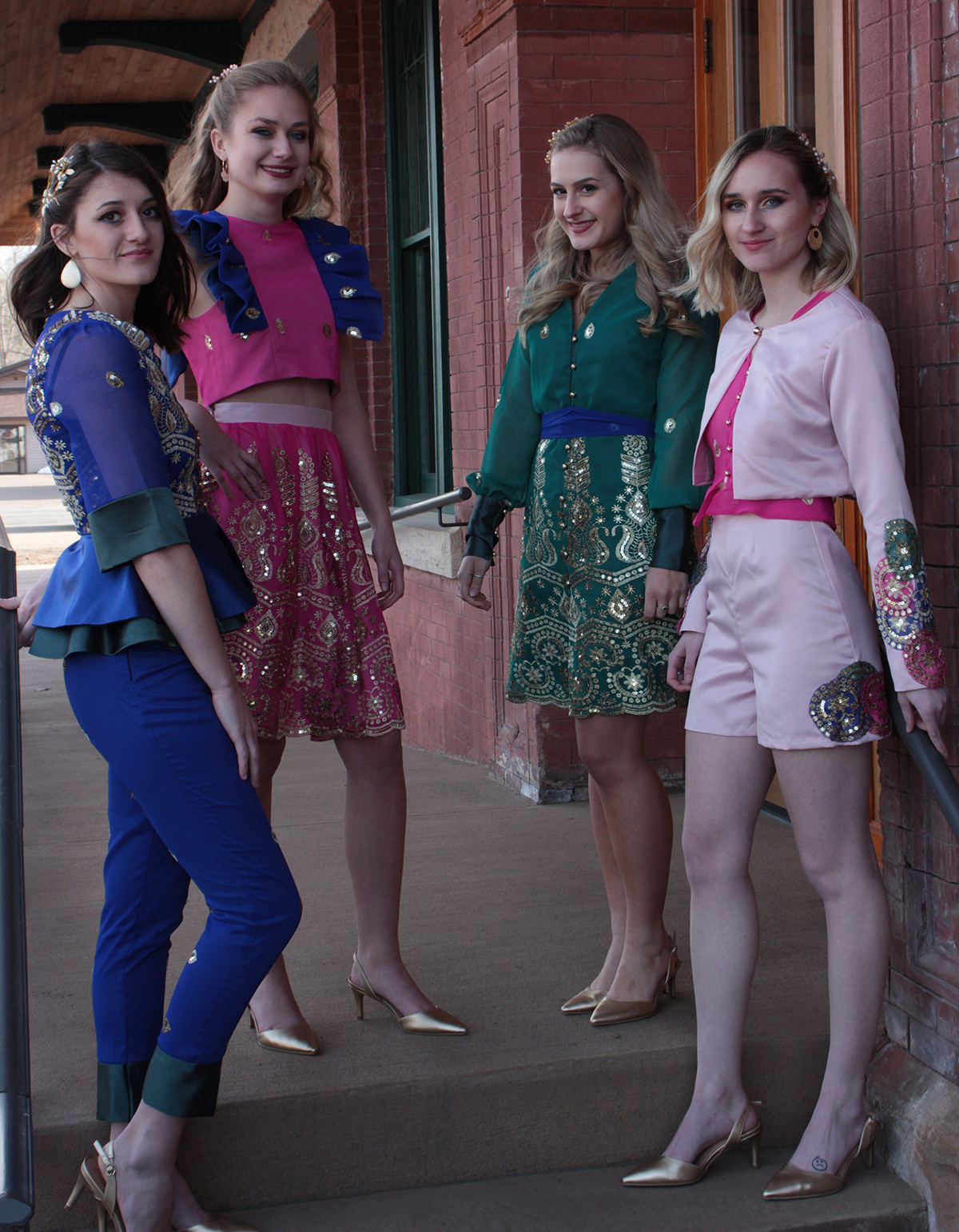 Fatimah Alfayruz’s collection entitled “Zahi” is made from fabrics from her hometown Al-Qatif. The models are Mikayla Larsen, at left, Anna Schmidtke, Grace Pecha and Violet Nelson.