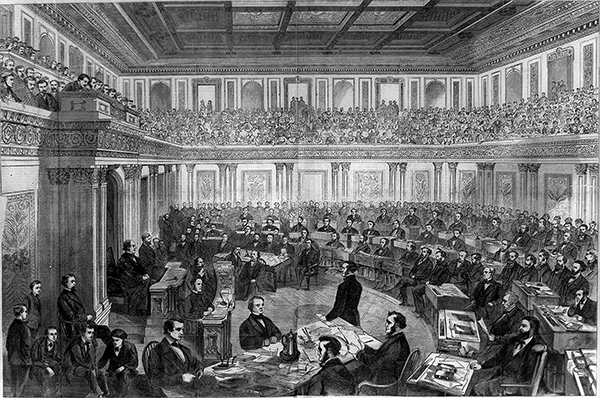 An artist’s rendering of the impeachment proceedings against President Andrew Johnson in 1868. / Illustration by Theodore R. Davis published April 11, 1868, Harper’s Weekly