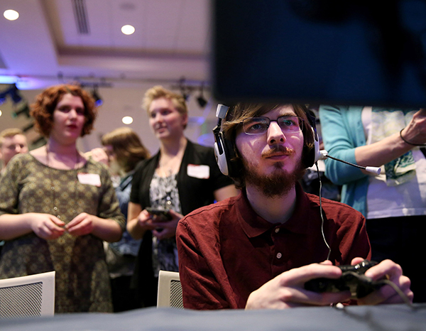 A UW-Stout student plays a video game at a recent Stout Game Expo.