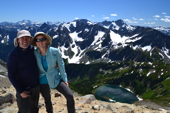 Provost Patrick Guilfoile and his wife, Audrey, enjoy the view during a backpacking trip to Washington’s North Cascades National Park. 