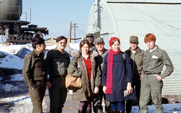 Diane Anderson Hunt, third from right, with troops at a U.S. base in South Korea in 1971.