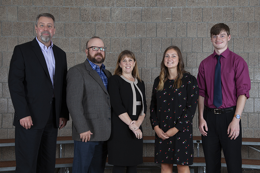 From left, donors Gary Schuster, Michael Luethmers and Amy Luethmers meet two of the recipients of the Freshman Legacy Annual Scholarship, Anna Kent and Zachary Peplinski.