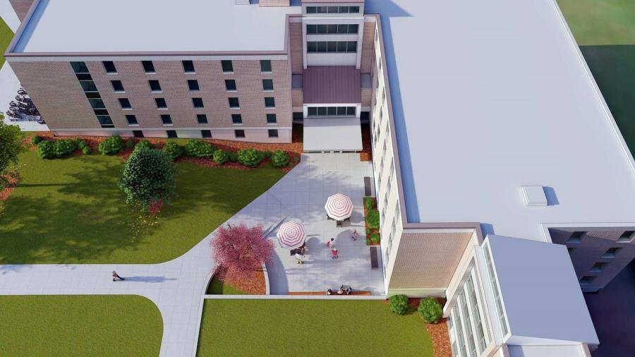 A 2022-23 renovation of South Hall residence hall at UW-Stout will include a new main entrance on the northeast side, facing the campus mall.  