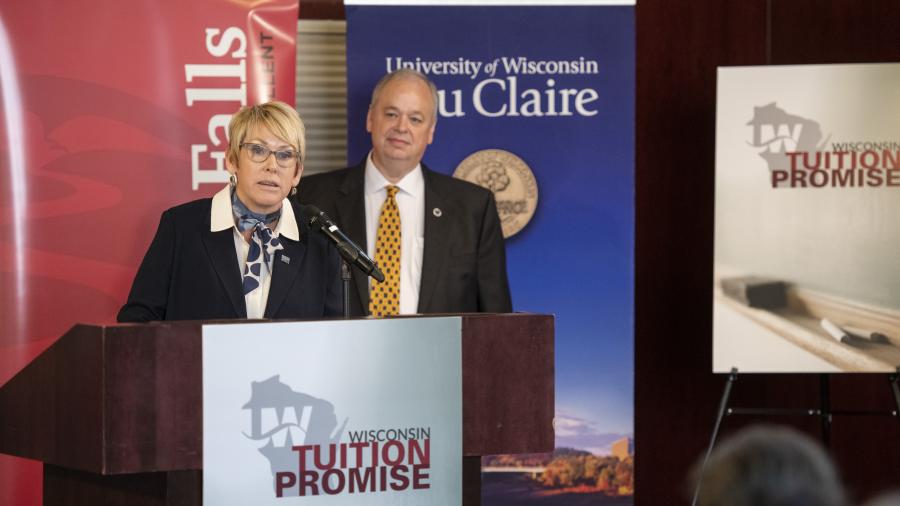 Chancellor Katherine Frank speaks at the Tuition Promise event at UW-Eau Claire on Aug. 16.