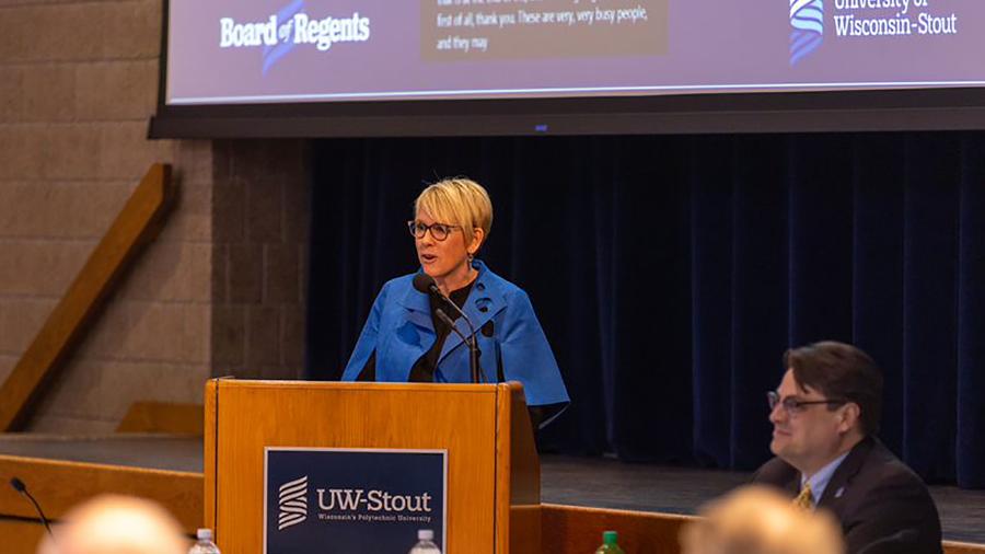 UW-Stout Chancellor Katherine Frank addresses the Board of Regents in UW-Stout’s Memorial Student Center.