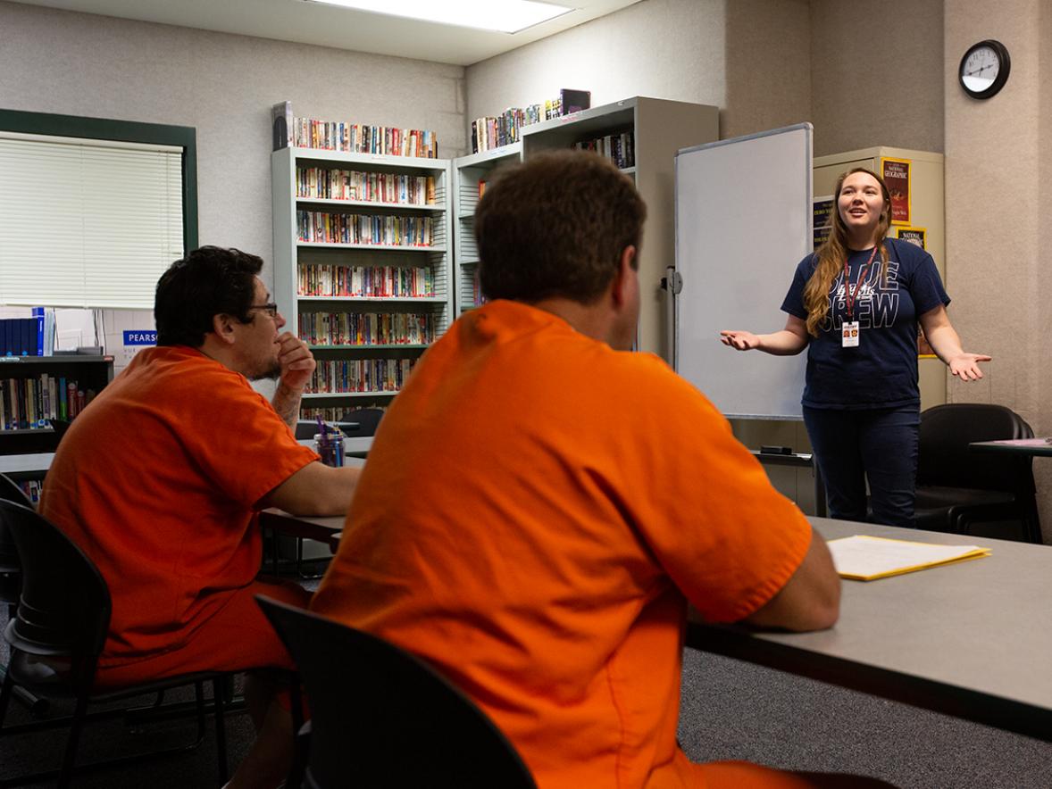 UW-Stout student Aarica Humke teaches a class  at the Dunn County jail entitled Parenting from the Inside that she developed. / UW-Stout photo by Chris Cooper