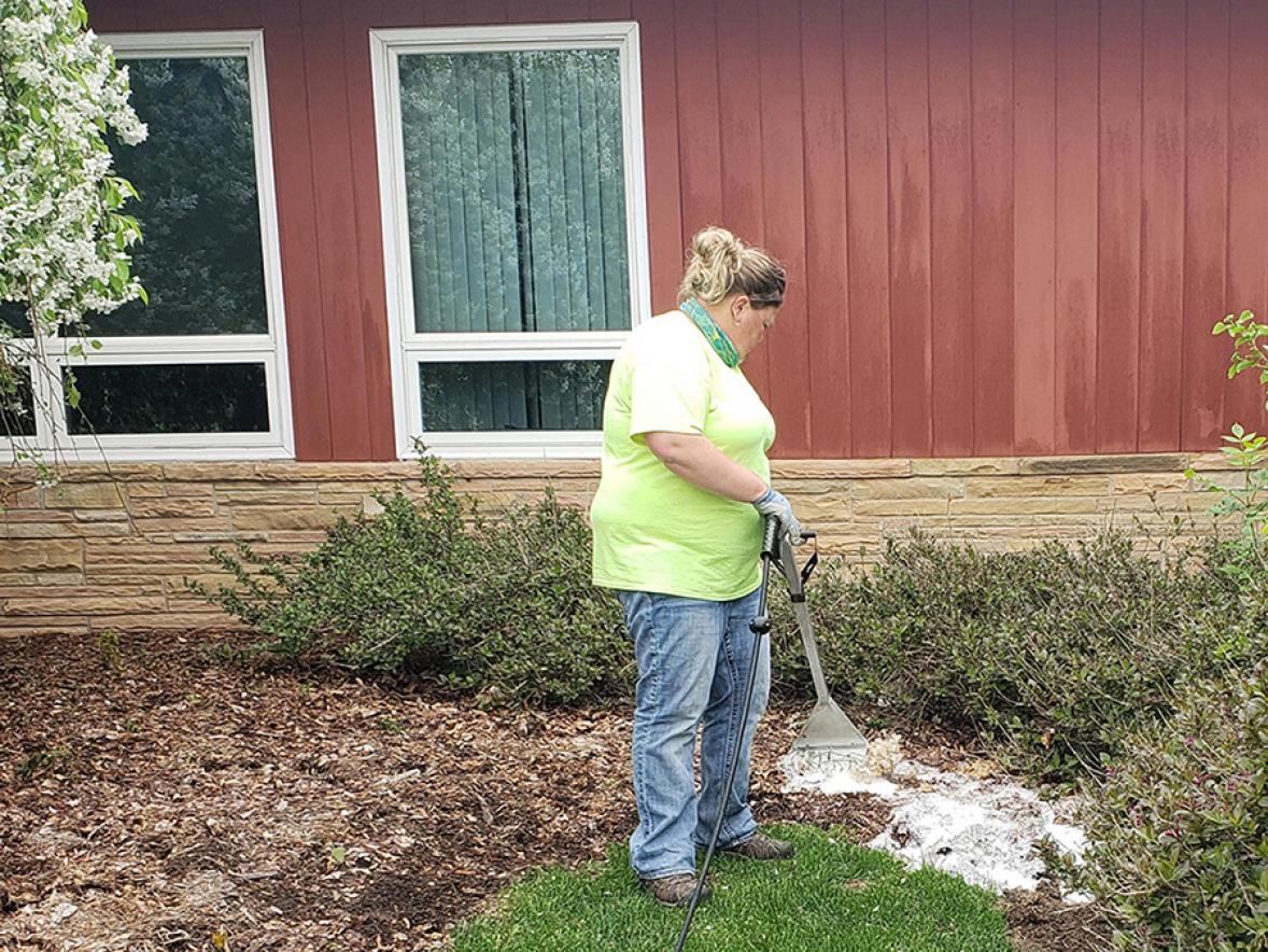 UW-Stout groundskeeper Kathy Branch uses the Foamstream machine on weeds near a campus building. The Foamstream uses a nontoxic method to kill weeds.