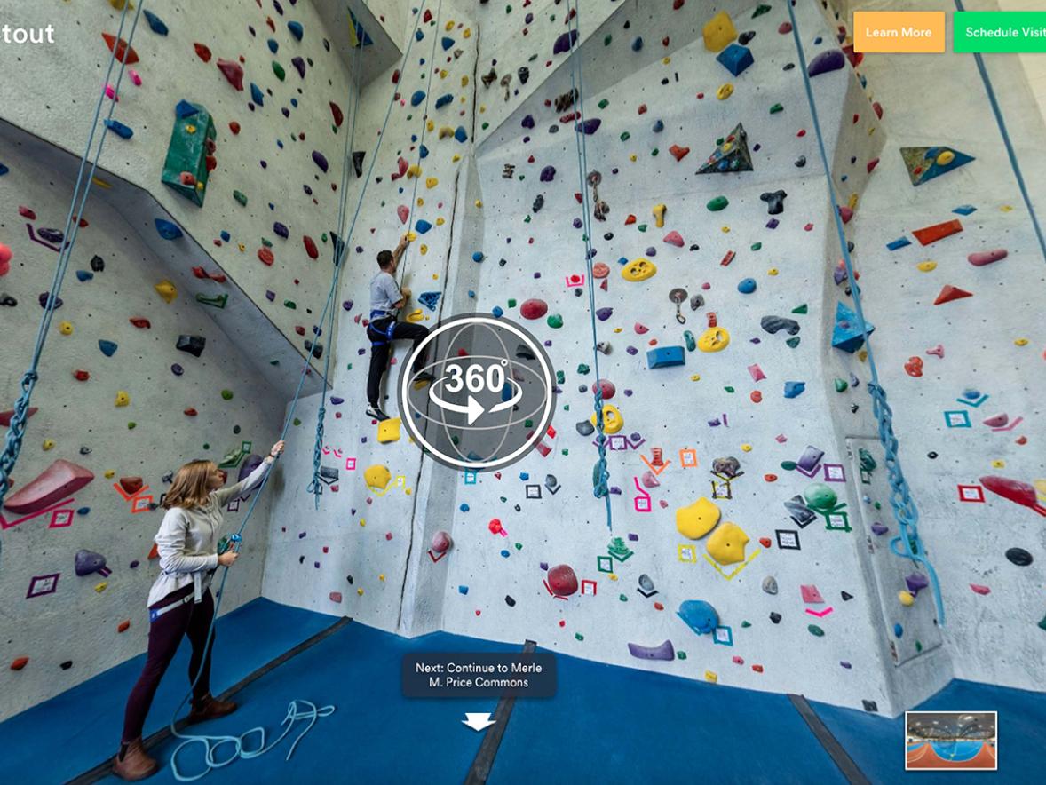 The climbing wall in the Sports and Fitness Center is one of the stops on the new YouVisit virtual tour.