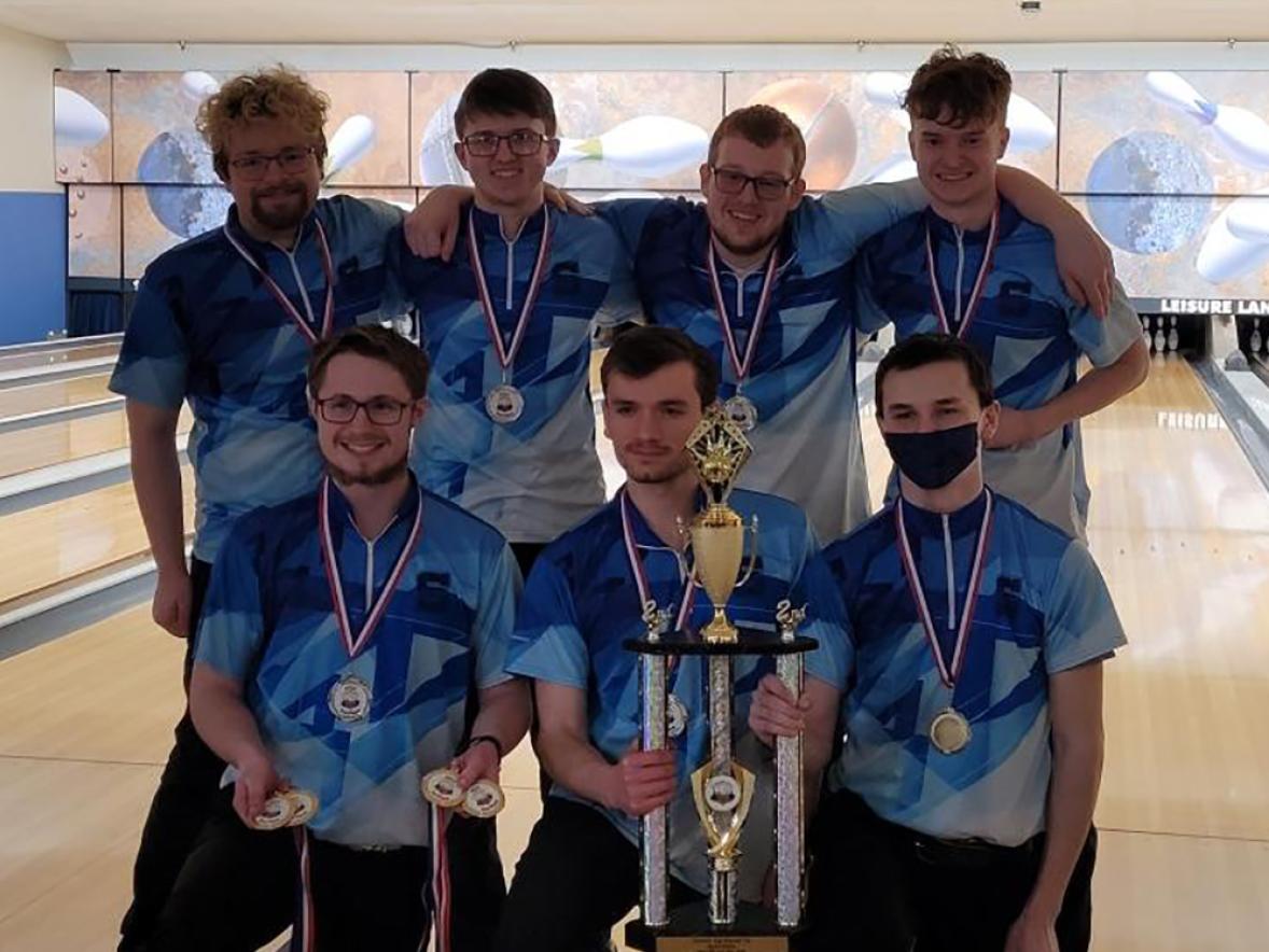 The UW-Stout Bowling Club men’s team that took second at the national meet in Davenport, Iowa, includes, front row from left, Drew Dietrich, Triston Riedesel and Hunter Hintz. Back row from left, David Burnett, Alex Trowbridge, Jacob Mueller and Jacob Zondlak.