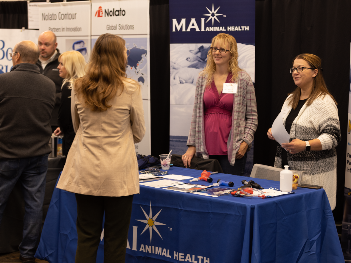 UW-Stout students meet recruiters from MAI Animal Health, of Elmwood, and Nolato Contour, of Baldwin, during manufacturing day at the Fall Career Conference held in the Memorial Student Center.