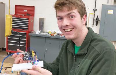 Nathan Thompson, first-year double-major in applied science and mechanical engineering, in the electronics lab.