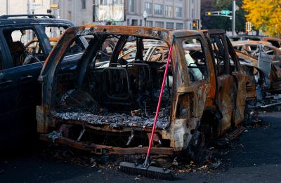 Elizabeth Kelly's photo of burnt vehicles from riot damage in Kenosha.