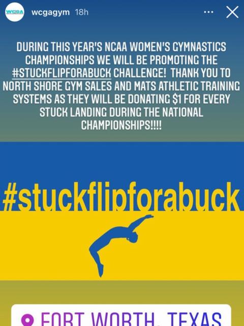 An Instagram post by the Women’s Collegiate Gymnastics Association promotes the challenge during the NCAA Division I women’s championship April 14-16 in Fort Worth, Texas.